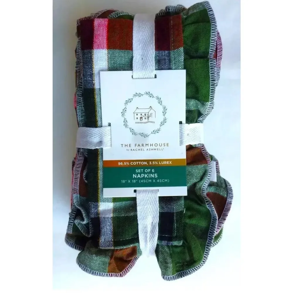 RACHEL ASHWELL Farmhouse Set 6 Christmas Plaid Cloth Napkins Red Green Gold NWT